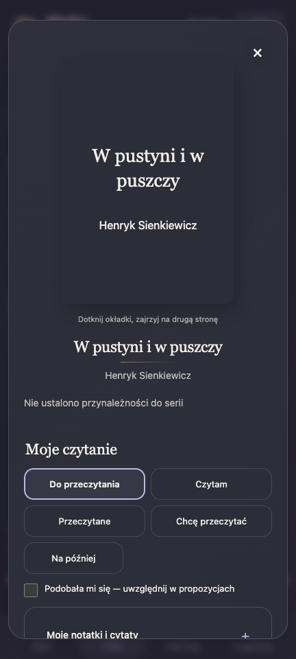 Karta książki w aplikacji Między Stronami